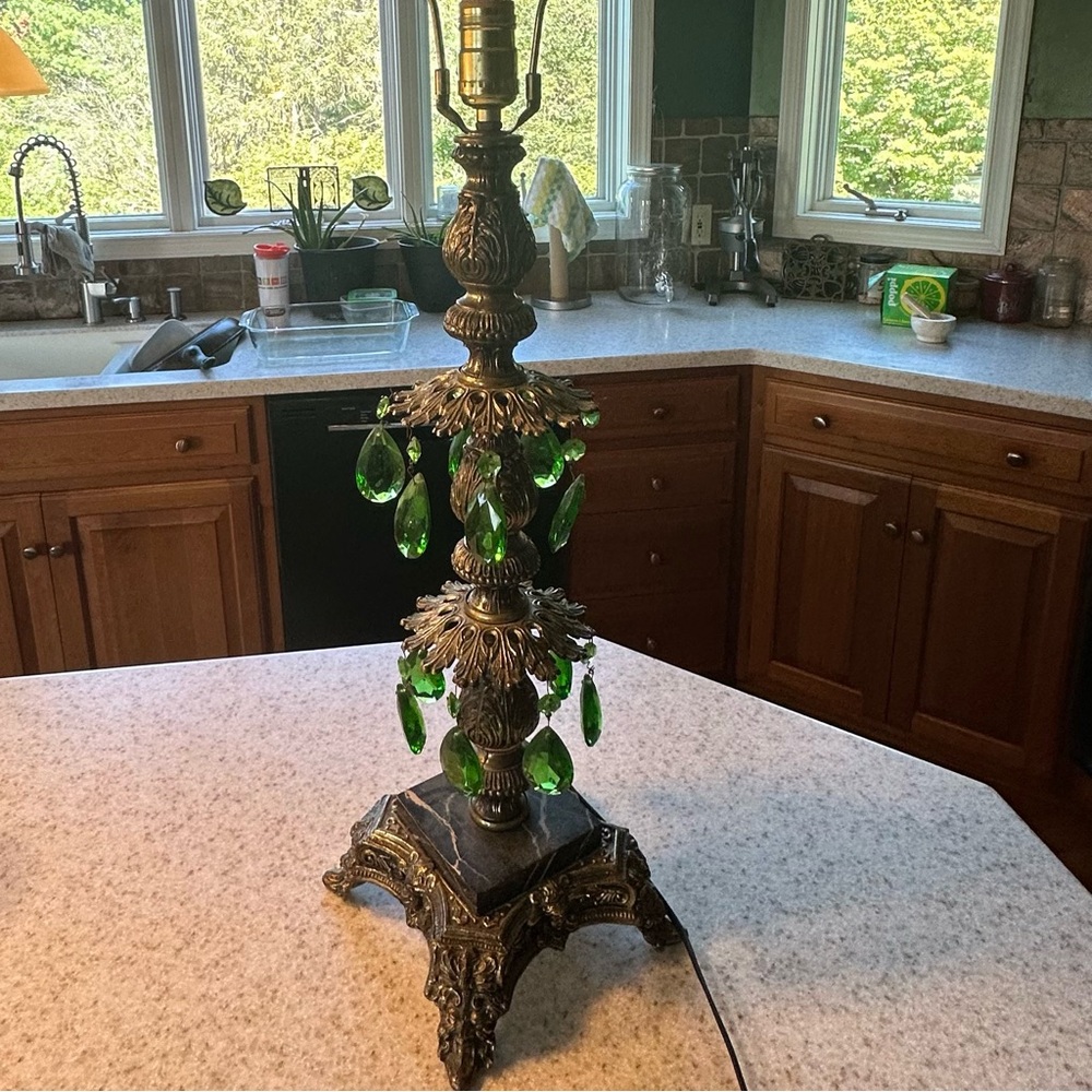 Vintage Table Lamp With Marble & Green Crystals For Refurbishing